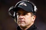 PITTSBURGH - JANUARY 18:  Head coach John Harbaugh of the Baltimore Ravens looks on after he threw a challenge flag which over-turned a potential reception by the Pittsburgh Steelers during the AFC Championship game on January 18, 2009 at Heinz Field in Pittsburgh, Pennsylvania.  (Photo by Streeter Lecka/Getty Images)