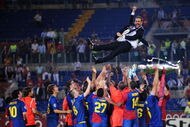 ROME - MAY 27:  Josep Guardiola coach of Barcelona is  thrown into the air by his players as they celebrate winning the UEFA Champions League Final match between Manchester United and Barcelona at the Stadio Olimpico on May 27, 2009 in Rome, Italy.  (Photo by Shaun Botterill/Getty Images)