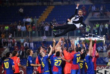 ROME - MAY 27:  Josep Guardiola coach of Barcelona is  thrown into the air by his players as they celebrate winning the UEFA Champions League Final match between Manchester United and Barcelona at the Stadio Olimpico on May 27, 2009 in Rome, Italy.  (Photo by Shaun Botterill/Getty Images)