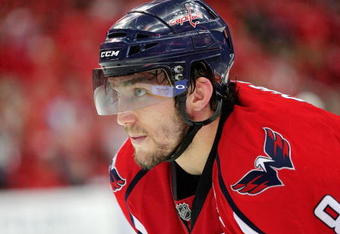 WASHINGTON - MAY 09:  Alex Ovechkin #8 of the Washington Capitals looks on prior to a face off against the Pittsburgh Penguins during Game Five of the Eastern Conference Semifinal Round of the 2009 Stanley Cup Playoffs on May 9, 2009 at the Verizon Center in Washington,  DC.  (Photo by Len Redkoles/Getty Images)