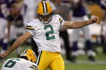 MINNEAPOLIS - NOVEMBER 09:  Kicker Mason Crosby #2 of the Green Bay Packers atttempts a field goal against the Minnesota Vikings on November 9, 2008 at the Metrodome in Mineapolis, Minnesota.  The Vikings won 28-27.  (Photo by Stephen Dunn/Getty Images)
