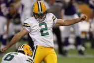 MINNEAPOLIS - NOVEMBER 09:  Kicker Mason Crosby #2 of the Green Bay Packers atttempts a field goal against the Minnesota Vikings on November 9, 2008 at the Metrodome in Mineapolis, Minnesota.  The Vikings won 28-27.  (Photo by Stephen Dunn/Getty Images)