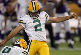 MINNEAPOLIS - NOVEMBER 09:  Kicker Mason Crosby #2 of the Green Bay Packers atttempts a field goal against the Minnesota Vikings on November 9, 2008 at the Metrodome in Mineapolis, Minnesota.  The Vikings won 28-27.  (Photo by Stephen Dunn/Getty Images)