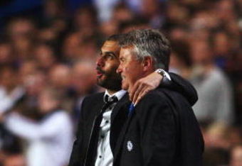 LONDON, ENGLAND - MAY 06:  Barcelona manager Pep Guardiola (L) and Chelsea Manager Guus Hiddink embrace during the UEFA Champions League Semi Final Second Leg match between Chelsea and Barcelona at Stamford Bridge on May 6, 2009 in London, England.  (Photo by Jamie McDonald/Getty Images)