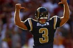 LANDOVER, MD - OCTOBER 12:  Josh Brown #3 of the St. Louis Rams celebrates kicking the winning field goal against the Washington Redskins during their game on October 12, 2008 at FedEx Field in Landover, Maryland.  (Photo by Chris McGrath/Getty Images)