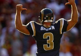 LANDOVER, MD - OCTOBER 12:  Josh Brown #3 of the St. Louis Rams celebrates kicking the winning field goal against the Washington Redskins during their game on October 12, 2008 at FedEx Field in Landover, Maryland.  (Photo by Chris McGrath/Getty Images)