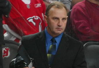 NEWARK, NJ - OCTOBER 04: Head coach Brent Sutter of the New Jersey Devils  watches the action in his game against the Philadelphia Flyers on October 4, 2008 at the Prudential Center in Newark, New Jersey.  (Photo by Bruce Bennett/Getty Images)