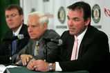 OAKLAND, CA - APRIL 1:  Oakland Athletics Vice President and General Manager Billy Beane (R) speaks during a news conference as Lewis Wolff, new co-owner and managing partner of the Athletics and Michael Crowley, (R) Athletics President look on  April 1, 2005 in Oakland, California. Major League Baseball approved the sale of the Athletics on March 30th to a group headed by Wolff which includes his son, Keith Wolff, and billionaire John Fisher, son of Gap founder Donald Fisher.  (Photo by Justin Sullivan/Getty Images)