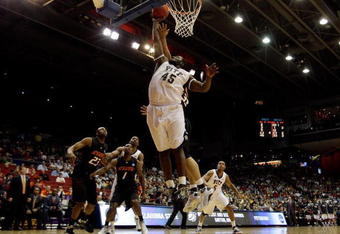DAYTON, OH - MARCH 22: DeJuan Blair #45 of the Pittsburgh Panthers goes up for a rebound against the Oklahoma State Cowboys during the second round of the NCAA Division I Men's Basketball Tournament at the University of Dayton Arena on March 22, 2009 in Dayton, Ohio.  (Photo by Andy Lyons/Getty Images)