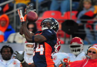 DENVER - DECEMBER 9:  Champ Bailey #24 of the Denver Broncos intercepts a pass thrown by Brodie Croyle of the Kansas City Chiefs in the third quarter of the game at Invesco Field at Mile High December 9, 2007 in Denver, Colorado.  (Photo by Steve Dykes/Getty Images)