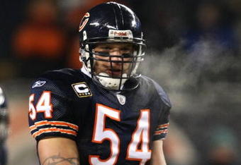 CHICAGO - DECEMBER 22: Brian Urlacher #54 of the Chicago Bears awaits the start of play against the Green Bay Packers on December 22, 2008 at Soldier Field in Chicago, Illinois. The Bears defeated the Packers 20-17 in overtime. (Photo by Jonathan Daniel/Getty Images)
