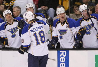 BOSTON - JANUARY 19:  Jay McClement #18 of the St. Louis Blues skates by the bench and is congratulated by teammates Dan Hinote #13 and Keith Tkachuk #7 after McClement scored in the second period on January 19, 2009 at the TD Banknorth Garden in Boston, Massachusetts. The Blues defeated the Boston Bruins 5-4 in an overtime shootout.  (Photo by Elsa/Getty Images)
