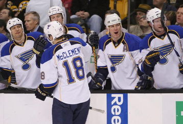 BOSTON - JANUARY 19:  Jay McClement #18 of the St. Louis Blues skates by the bench and is congratulated by teammates Dan Hinote #13 and Keith Tkachuk #7 after McClement scored in the second period on January 19, 2009 at the TD Banknorth Garden in Boston, Massachusetts. The Blues defeated the Boston Bruins 5-4 in an overtime shootout.  (Photo by Elsa/Getty Images)