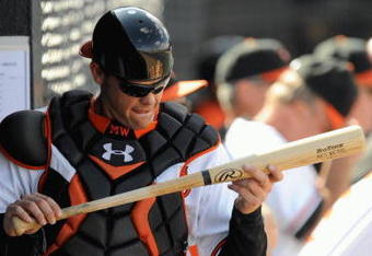 FORT LAUDERDALE, FL - FEBRUARY 26: Matt Wieters #15 of the Baltimore Orioles checks his bat in the dugout against the St. Louis Cardinals during a spring training game at Fort Lauderdale Stadium on February 26, 2009 in Fort Lauderdale, Florida. (Photo by Rob Tringali/Getty Images)