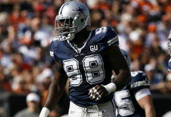 CLEVELAND - SEPTEMBER 7:  Greg Ellis #98 of the Dallas Cowboys looks on during the game against the Cleveland Browns at Cleveland Browns Stadium on September 7, 2008 in Cleveland, Ohio.  (Photo by Kevin C. Cox/Getty Images)