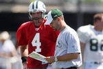 HEMPSTEAD, NY - AUGUST 09:  Quarterback Brett Favre #4 of the New York Jets speaks with Offensive Coordinator Brian Schottenheimer in his first day of Jets Training Camp at the team's facilities on August 9, 2008 in Hempstead, New York.  (Photo by Mike Stobe/Getty Images)