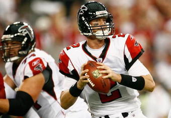 GLENDALE, AZ - JANUARY 03:  Quarterback Matt Ryan #2 of the Atlanta Falcons drops back to pass in the NFC Wild Card Game against the Arizona Cardinals on January 3, 2009 at University of Phoenix Stadium in Glendale, Arizona. The Cardinals defeated the Falcons 30-24.  (Photo by Jeff Gross/Getty Images)