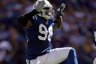 INDIANAPOLIS - OCTOBER 12:  Robert Mathis #98 of the Indianapolis Colts celebrates during the NFL game against the Baltimore Ravens at Lucas Oil Stadium on October 12, 2008 in Indianapolis, Indiana.  (Photo by Andy Lyons/Getty Images)