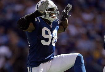 INDIANAPOLIS - OCTOBER 12:  Robert Mathis #98 of the Indianapolis Colts celebrates during the NFL game against the Baltimore Ravens at Lucas Oil Stadium on October 12, 2008 in Indianapolis, Indiana.  (Photo by Andy Lyons/Getty Images)