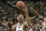 18 Mar 2001:  Julius Peppers #45 of North Carolina rebounds against Penn State during their NCAA South Regional Second Round Game at the Lousiana Superdome in New Orleans, Louisiana. DIGITAL IMAGE.  Mandatory Credit: Jamie Squire/ALLSPORT