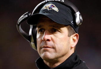PITTSBURGH - JANUARY 18:  Head coach John Harbaugh of the Baltimore Ravens looks on after he threw a challenge flag which over-turned a potential reception by the Pittsburgh Steelers during the AFC Championship game on January 18, 2009 at Heinz Field in Pittsburgh, Pennsylvania.  (Photo by Streeter Lecka/Getty Images)