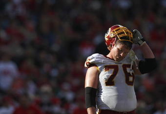 SAN FRANCISCO - DECEMBER 28:  Jon Jansen #76 of the Washington Redskins reacts on the field during the game against of the San Fransisco 49ers at Candlestick Park on December 28, 2008 in San Francisco, California. (Photo by: Jonathan Ferrey/Getty Images)