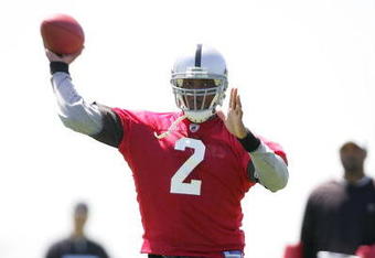 ALAMEDA, CA - MAY 08:  JaMarcus Russell #2 of the Oakland Raiders throws the ball during the Raiders minicamp at the team's permanent training facility on May 8, 2009 in Alameda, California.  (Photo by Ezra Shaw/Getty Images)