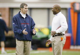 ORCHARD PARK, NY - MAY 6:  Head coach Dick Jauron of the Buffalo Bills talks to defensive coordinator Perry Fewell during Mini Camp on May 6, 2006 at the Buffalo Bills Fieldhouse in Orchard Park, New York. (Photo by Rick Stewart/Getty Images)