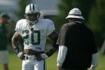 FARMINGDALE, NY - JULY 27:  JULY 27:  Running back Thomas Jones #20 of the New York Jets talks with coach Jimmy Raye during the first day of training camp on July 27, 2007 at Hofstra University in Farmingdale, New York.  (Photo by Mike Ehrmann/Getty Images)
