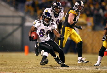PITTSBURGH - JANUARY 18:  Mark Clayton #89 of the Baltimore Ravens runs for yards after the catch against the Pittsburgh Steelers during the AFC Championship game on January 18, 2009 at Heinz Field in Pittsburgh, Pennsylvania. Steelers won 23-14.  (Photo by Al Bello/Getty Images)