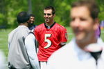 OWINGS MILLS, MARYLAND - MAY 8: Joe Flacco #5 of the Baltimore Ravens talks during minicamp at the practice facility on May 8, 2009 in Owings Mills, Maryland. (Photo by Ned Dishman/Getty Images)