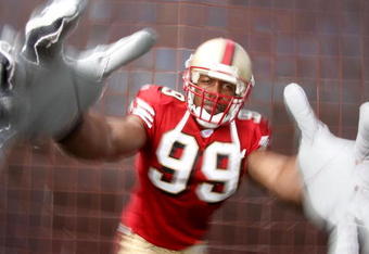 SANTA CLARA, CA - APRIL 02:  Linebacker Manny Lawson #99 of the San Francisco 49ers poses for a portrait session on April 2, 2008 in Santa Clara, California.  (Photo by Jed Jacobsohn/Getty Images)