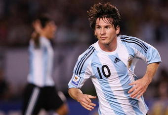 BUENOS AIRES, BUENOS AIRES - MARCH 28: Lionel Messi of Argentina celebrates the first goal during the 2010 FIFA World Cup South African qualifier match between Argentina and Venezuela at River Plate Stadium on March 28, 2009 in Buenos Aires, Argentina. (Photo by Photogamma/Getty Images)