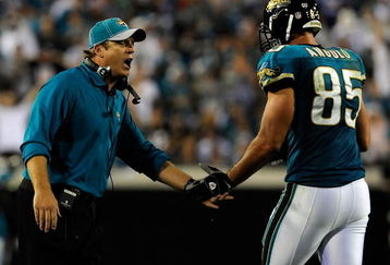 JACKSONVILLE, FL - DECEMBER 18:  Head coach Jack Del Rio of the Jacksonville Jaguars celebrates a touchdown with Richard Angulo #85 during the game against the Indianapolis Colts at Jacksonville Municipal Stadium on December 18, 2008 in Jacksonville, Florida.  (Photo by Sam Greenwood/Getty Images)