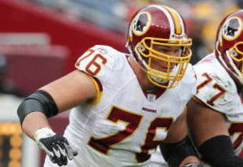 LANDOVER, MD - DECEMBER 3:  Offensive tackle Jon Jansen #76 of the Washington Redskins blocks against the Atlanta Falcons on December 3, 2006 at FedExField in Landover, Maryland. The Falcons defeated the Redskins 24-14. (Photo by Jim McIsaac/Getty Images)