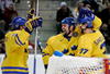 TURIN, ITALY - FEBRUARY 24:  Tomas Holmstrom #96 of Sweden celebrates with his teammates Mikael Samuelsson #37 and Henrik Zetterberg #40 after he scored the seventh goal in the third period during the semi final of the men's ice hockey match between Sweden and Czech Republic during Day 14 of the Turin 2006 Winter Olympic Games on February 24, 2006 at the Palasport Olimpico in Turin, Italy. Sweden won 7-3 to reach the final.  (Photo by Brian Bahr/Getty Images)
