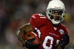 TAMPA, FL - FEBRUARY 01:  Wide receiver Anquan Boldin #81 of the Arizona Cardinals runs for yards after the catch on a 45-yard reception in the second quarter against the Pittsburgh Steelers during Super Bowl XLIII on February 1, 2009 at Raymond James Stadium in Tampa, Florida.  (Photo by Jamie Squire/Getty Images)