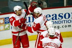 CHICAGO - MAY 24:  Valtteri Filppula #51 of the Detroit Red Wings celebrates with Marian Hossa #81, Tomas Holmstrom #96 and Mikael Samuelsson #37 after Filppula scored a goal in the second period against the Chicago Blackhawks during Game Four of the Western Conference Championship Round of the 2009 Stanley Cup Playoffs on May 24, 2009 at the United Center in Chicago, Illinois.  (Photo by Jim Prisching/Getty Images)