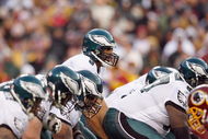 LANDOVER, MD - DECEMBER 21:  Quarterback Donovan McNabb #5 of the Philadelphia Eagles calls the play at the line of scrimmage during the game against the Washington Redskins on December 21, 2008 at FedEx Field in Landover, Maryland.  (Photo by Kevin C. Cox/Getty Images)