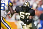 3 Oct 1993: Linebacker Rickey Jackson of the New Orleans Saints works against the Los Angeles Rams during a game at Anaheim Stadium in Anaheim, California. The Saints won the game, 37-6.