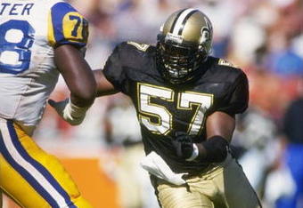 3 Oct 1993: Linebacker Rickey Jackson of the New Orleans Saints works against the Los Angeles Rams during a game at Anaheim Stadium in Anaheim, California. The Saints won the game, 37-6.