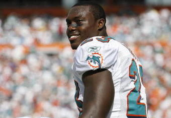 MIAMI - JANUARY 4:  Ronnie Brown #23 of the Miami Dolphins looks on during a AFC Wild Card playoff game against the Baltimore Ravens on January 4, 2009 at Dolphin Stadium in Miami, Florida. (Photo by Gregory Shamus/Getty Images)