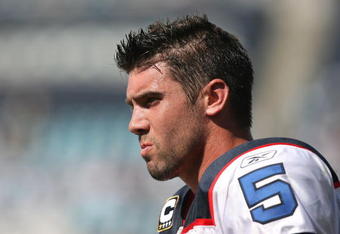 JACKSONVILLE, FL - SEPTEMBER 14:  Quarterback Trent Edwards #5 of the Buffalo Bills take his helmet off while on the sidelines against the Jacksonville Jaguars at Jacksonville Municipal Stadium on September 14, 2008 in Jacksonville, Florida. The Bills defeated the Jaguars 20-16.  (Photo by Doug Benc/Getty Images)