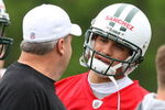 FLORHAM PARK, NJ - MAY 02:  Quarterback Mark Sanchez #6 of the New York Jets talks with head coach Rex Ryan during minicamp on May 2, 2009 at the Atlantic Health Jets Training Center in Florham Park, New Jersey.  (Photo by Jim McIsaac/Getty Images)