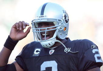 OAKLAND, CA - NOVEMBER 2:  Quarterback JaMarcus Russell #2 of the Oakland Raiders reacts after throwing an interception during the game against the Atlanta Falcons on November 2, 2008 at the Oakland-Alameda County Coliseum in Oakland, California. The Falcons defeated the Raiders 24-0. (Photo by Jed Jacobsohn/Getty Images)