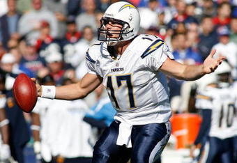 ORCHARD PARK, NY - OCTOBER 19:  Philip Rivers #17 of the San Diego Chargers complains to officials after being called for delay of the game during a power outage against the Buffalo Bills  on October 19, 2008 at Ralph Wilson Stadium in Orchard Park, New York.  (Photo by Rick Stewart/Getty Images)