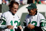 EAST RUTHERFORD, NJ - OCTOBER 26:  Former Jets quarterback Joe Namath chats with former Jets wide receiver Don Maynard (L) during halftime festivities celebrating the 40th anniversary of the Jets' win over the Colts in Super Bowl III during the game between the Kansas City Chiefs and the New York Jets on October 26, 2008 at Giants Stadium in East Rutherford, New Jersey.  (Photo by Jarrett Baker/Getty Images)