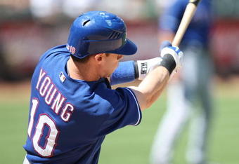 OAKLAND, CA - MAY 07:  Michael Young #10 of the Texas Rangers bats against the Oakland Athletics during a Major League Baseball game on May 7, 2009 at the Oakland Coliseum in Oakland, California.  (Photo by Jed Jacobsohn/Getty Images)