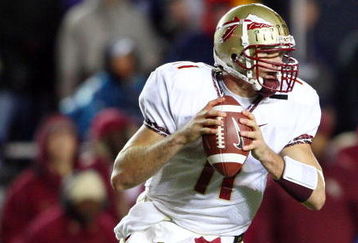 CHESTNUT HILL, MA - NOVEMBER 03:  Quarterback Drew Weatherford #11 of the Florida State Seminoles  looks to pass in the third quarter against the Boston College Eagles on November 3, 2007 at Alumni Stadium in in Chestnut Hill, Massachusetts. Florida State defeated Boston College 27-17.  (Photo by Elsa/Getty Images)