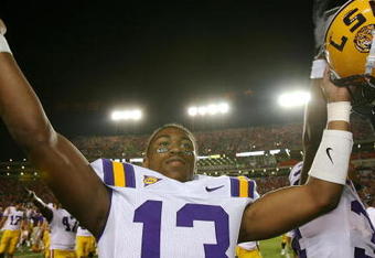 AUBURN, AL - SEPTEMBER 20:  Defensive back Ron Brooks #13 of the LSU Tigers celebrates after defeating the Auburn Tigers at Jordan-Hare Stadium on September 20, 2008 in Auburn, Alabama. LSU defeated Auburn 26-21.  (Photo by Doug Benc/Getty Images)